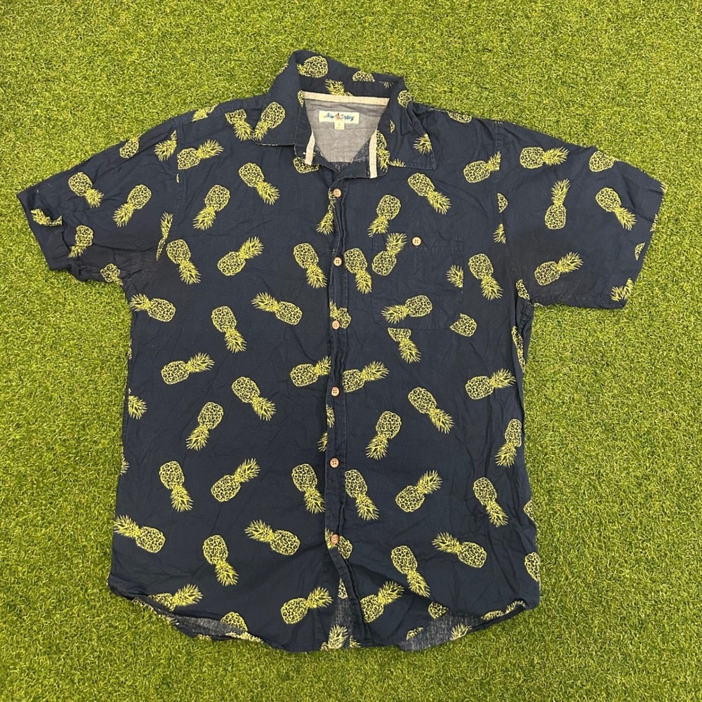 Maui Clothing Company Mens Large Pineapple Print Short Sleeve Button Down Navy
